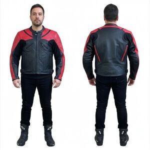 Leather King Motorcycle Jacket Black Red Mens XL Quilted Body Panels Lined Zip